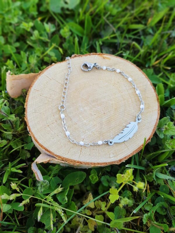 Bracelet et bague inox artisanaux - chaîne sequins blancs et feuille argentée. Calino Créa