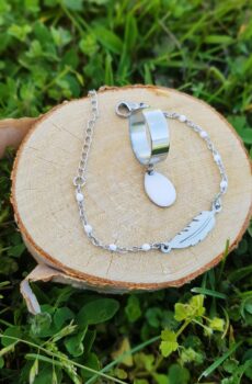 Bracelet et bague inox artisanaux - chaîne sequins blancs et feuille argentée. Calino Créa