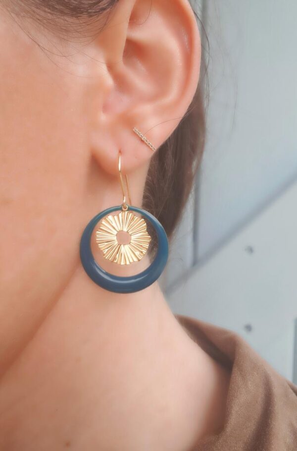 Boucles d'oreilles inox artisanales - créole bleue et dorée. Calino Créa Boucles d'oreilles inox artisanales - créole bleue et dorée. Calino Créa