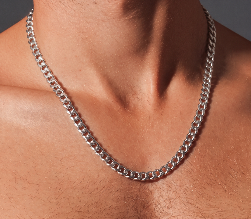 Collier homme maille gourmette 7 mm argentée inox artisanal. Calino Créa