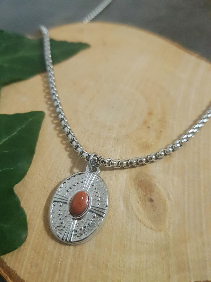 Collier maille vénitienne argentée inox - médaillon ovale canyon