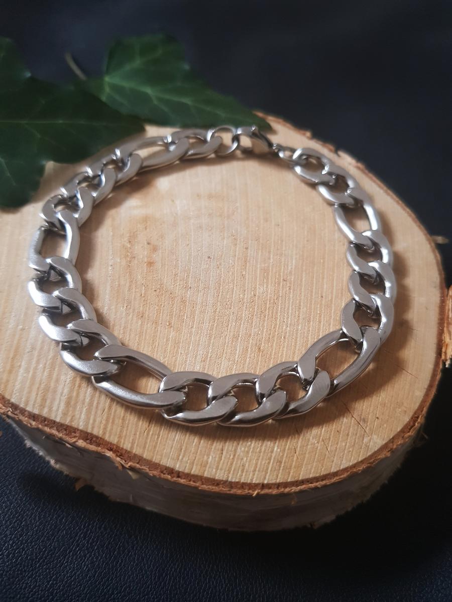 Bracelet homme maille figaro 10 mm argentée inox artisanal. Calino Créa Bracelet maille figaro 10 mm argentée inox