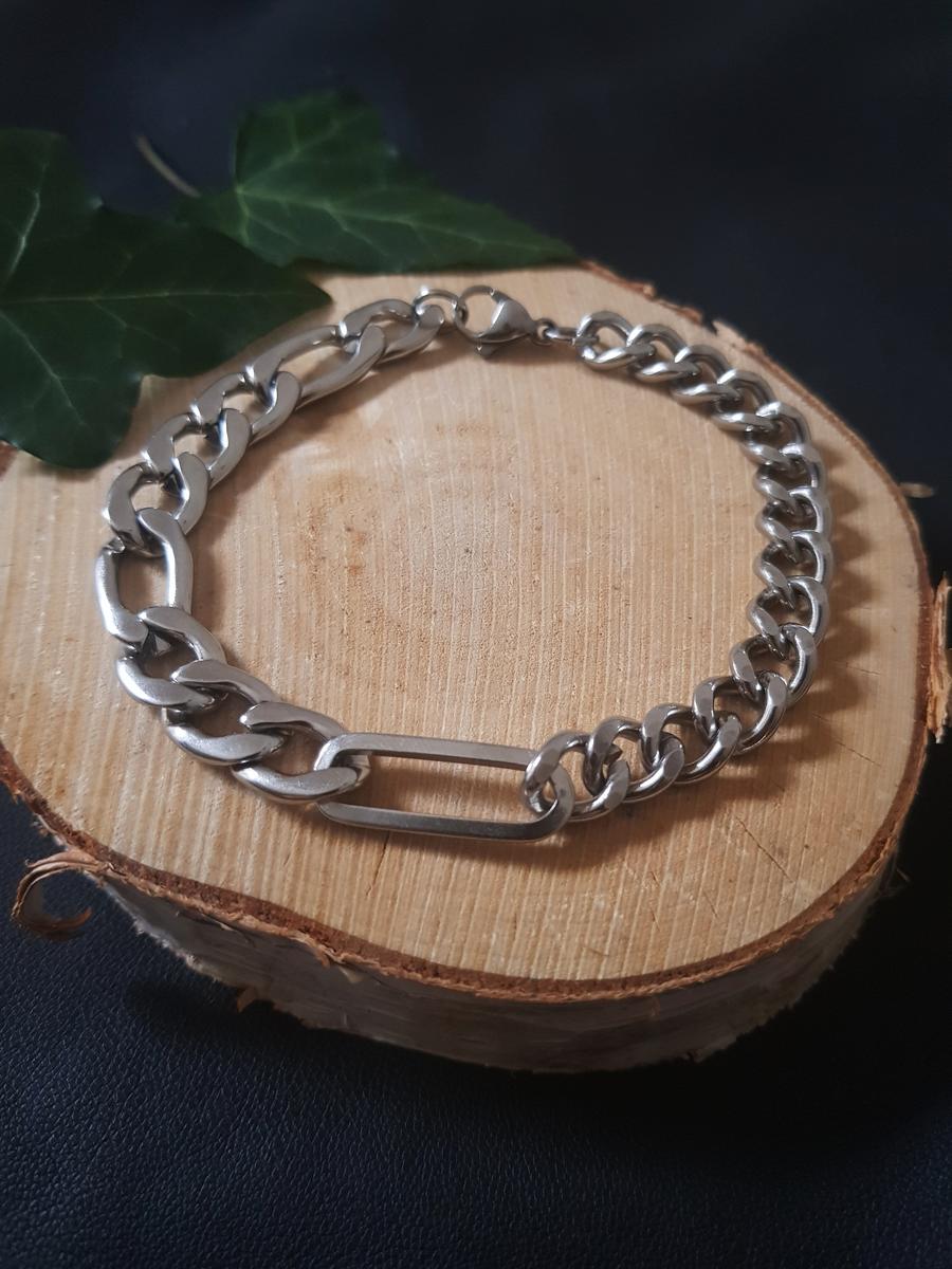 Bracelet homme double maille gourmette/figaro argenté inox artisanal. Calino Crea Bracelet asymétrique double maille gourmette/figaro argenté inox