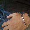 Bracelet homme double maille gourmette/figaro argenté inox artisanal. Calino Crea Bracelet asymétrique double maille gourmette/figaro argenté inox