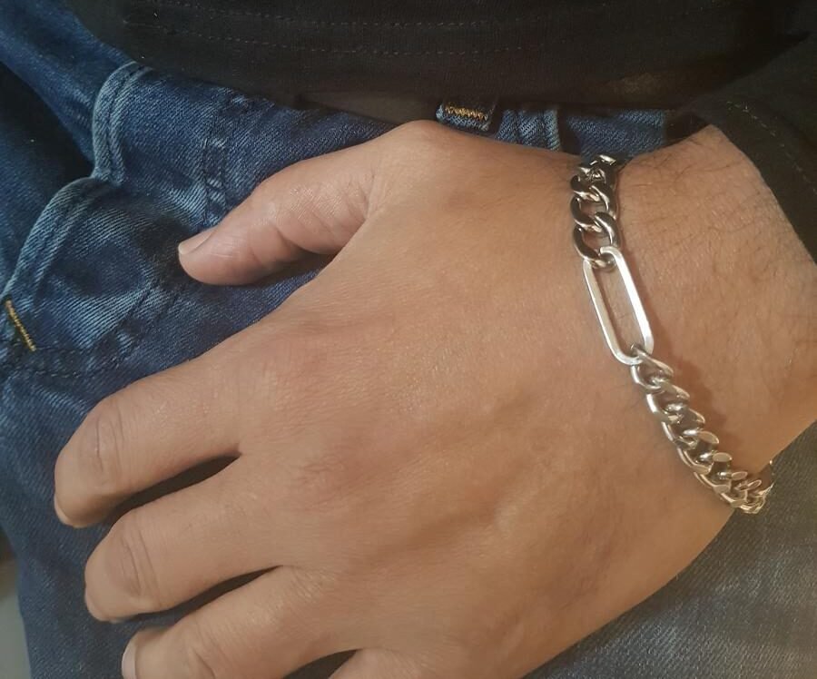 Bracelet asymétrique double maille gourmette/figaro argenté inox