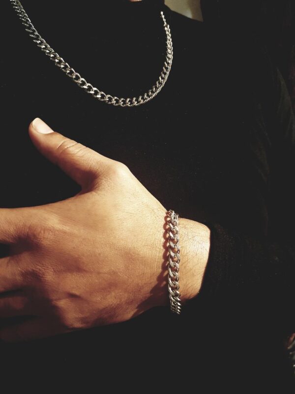 Collier et bracelet homme maille gourmette 7 mm argentée inox artisanal. Calino Créa Bracelet maille gourmette 7 mm argentée inox