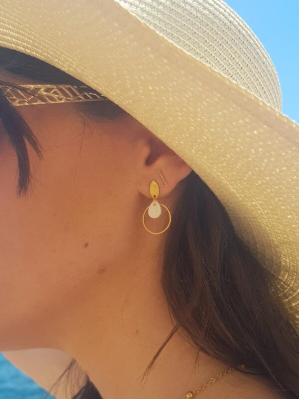 Boucles d'oreilles inox doré - petit anneau et sequin nacré blanc