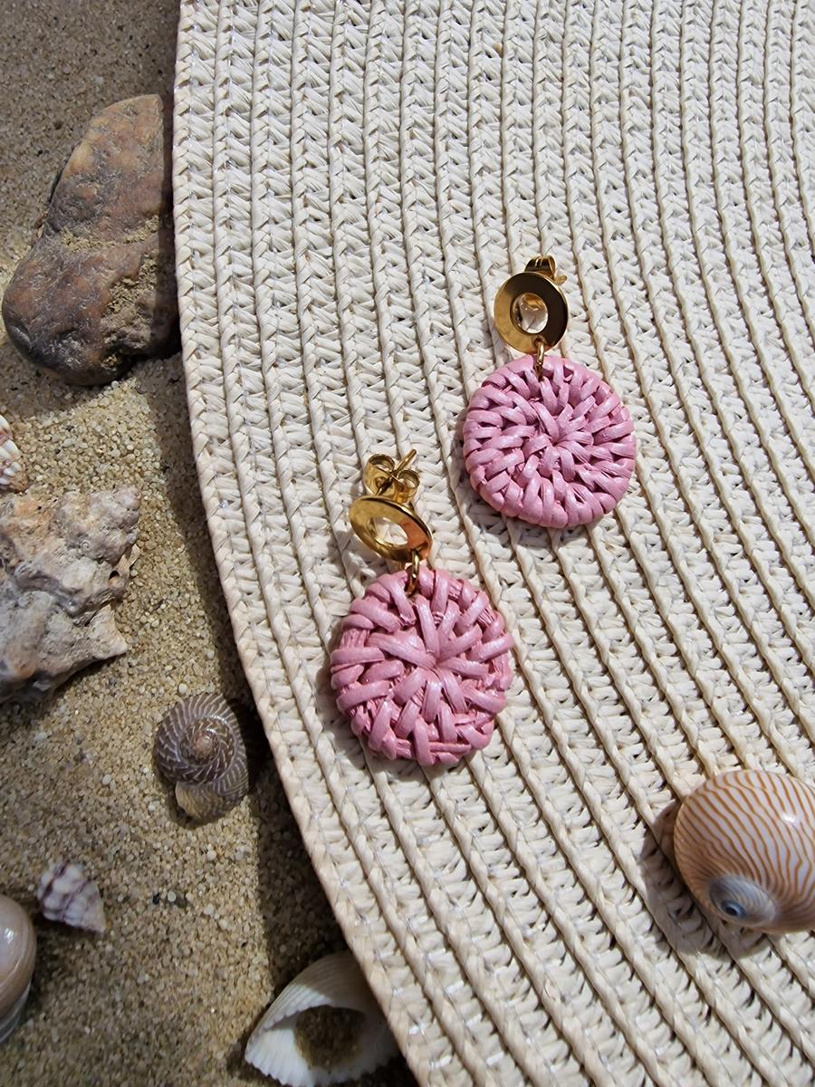 Boucles d'oreilles inox doré - disque rotin rose et puce dorée