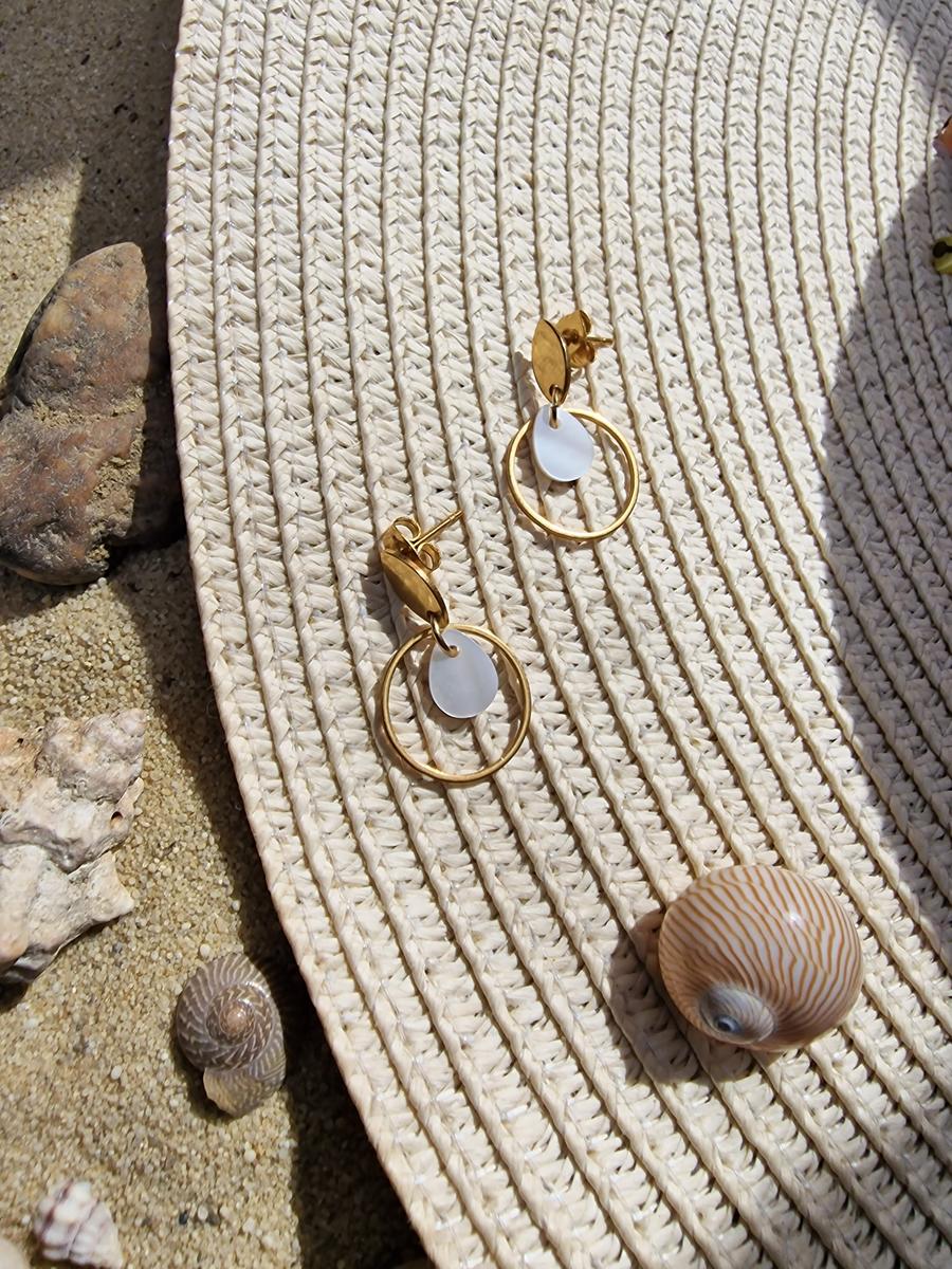 Boucles d'oreilles inox doré - petit anneau et sequin nacré blanc