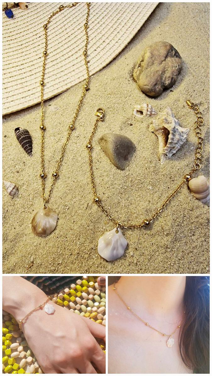 Parure [bracelet et collier] - Chaîne avec perles dorées et coquillage ivoire