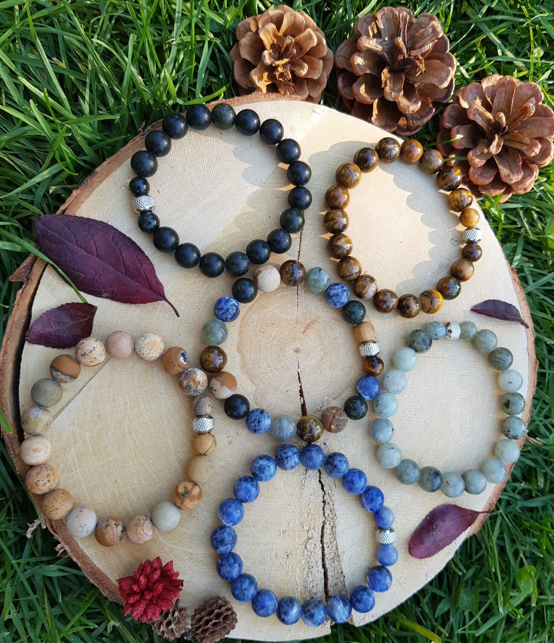 Bracelet homme pierres naturelles - sodalite, labradorite, serpentine, oeil de tigre, jaspe dalmatien