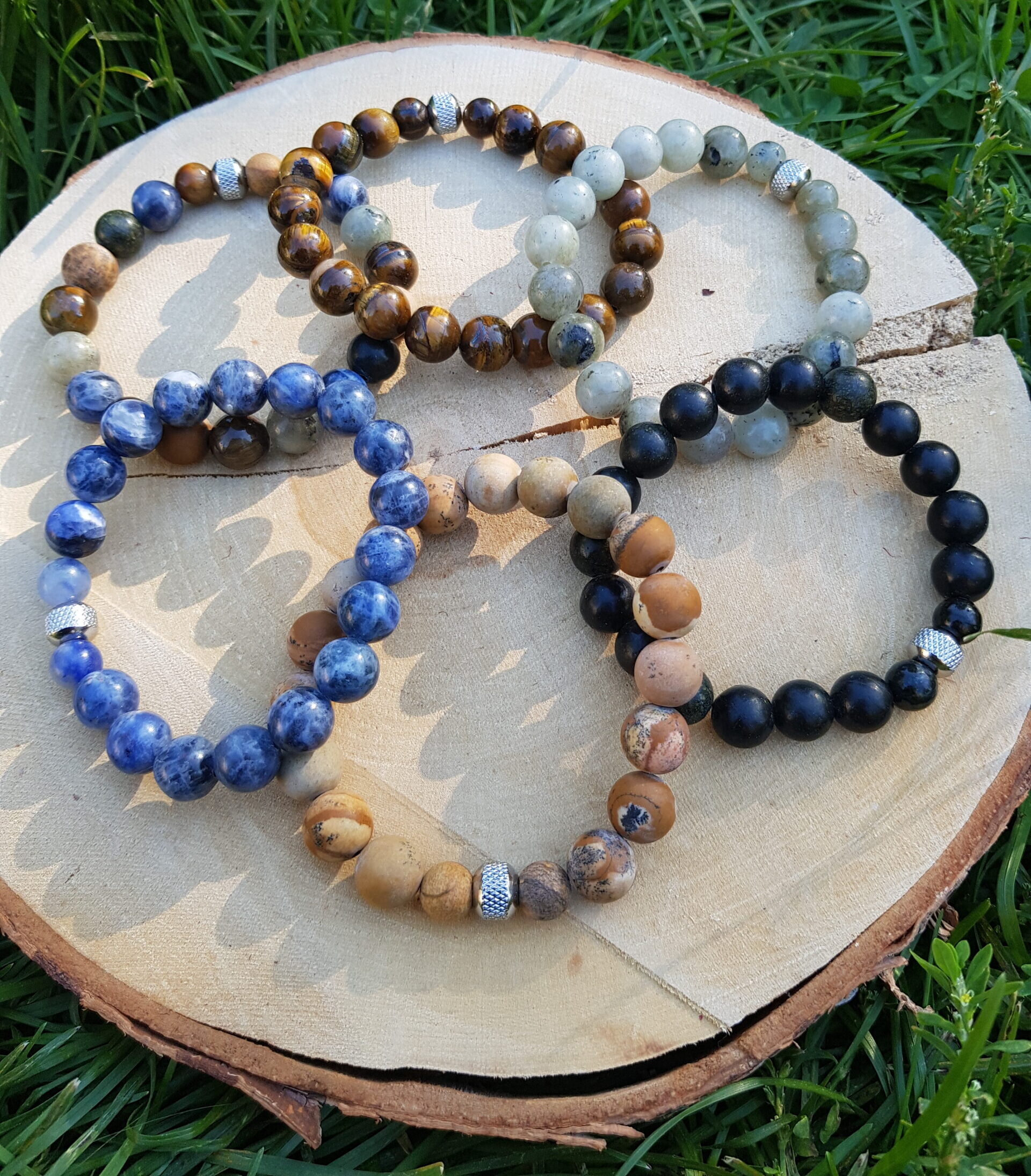 Bracelet homme pierres naturelles - sodalite, labradorite, serpentine, oeil de tigre, jaspe dalmatien