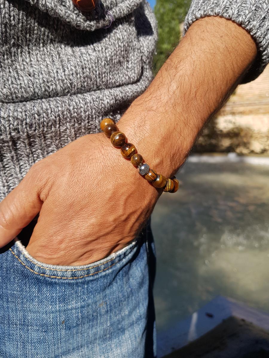 Bracelet homme pierre naturelle - oeil de tigre Bracelet homme perles naturelles 10 mm - Oeil de tigre