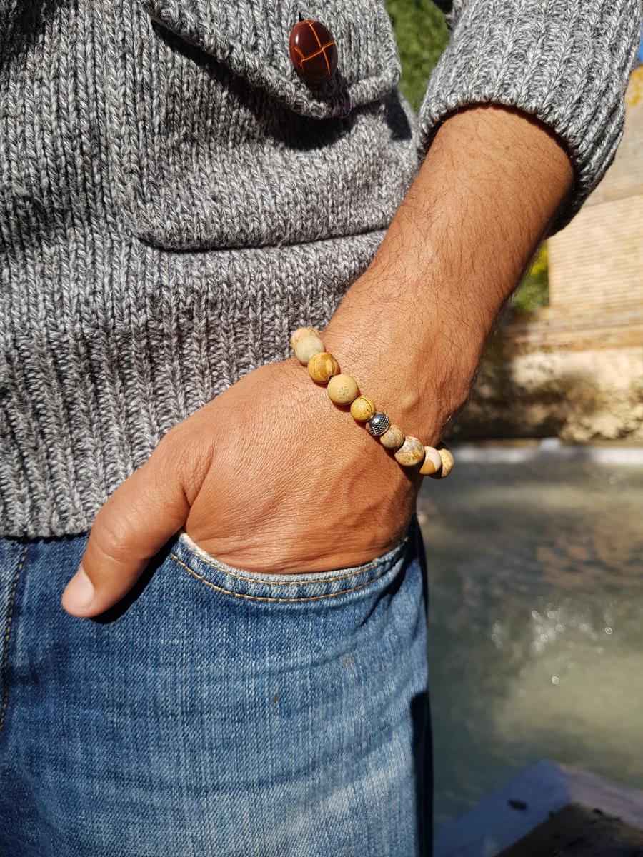 Bracelet homme pierre naturelle - Jaspe dalmatien Bracelet homme perles naturelles 10 mm - Jaspe paysage