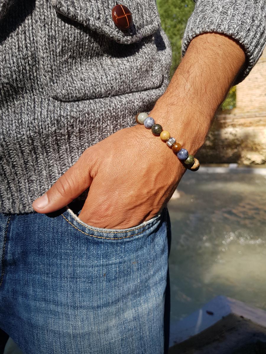 Bracelet homme pierre naturelle - protection sodalite, serpentine, labradorite, jaspe, oeil de tigre Bracelet homme perles naturelles 10 mm - Equilibre et protection