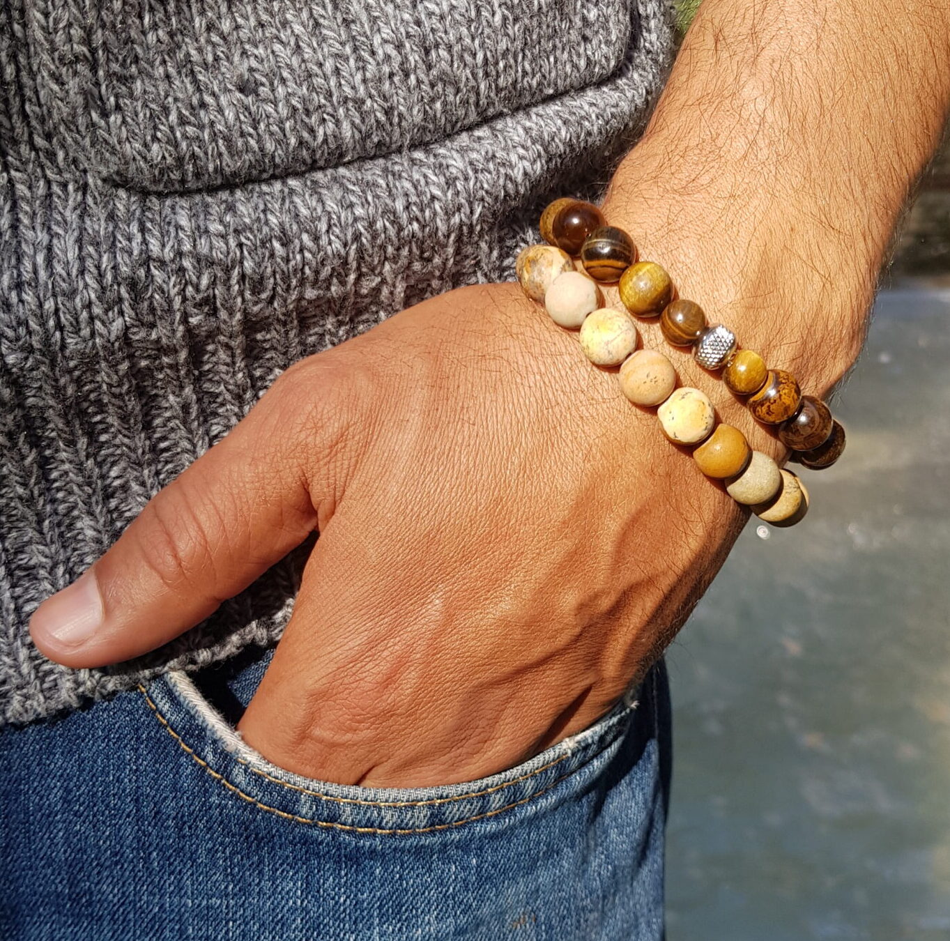 Bracelet homme pierre naturelle - Jaspe dalmatien et oeil de tigre