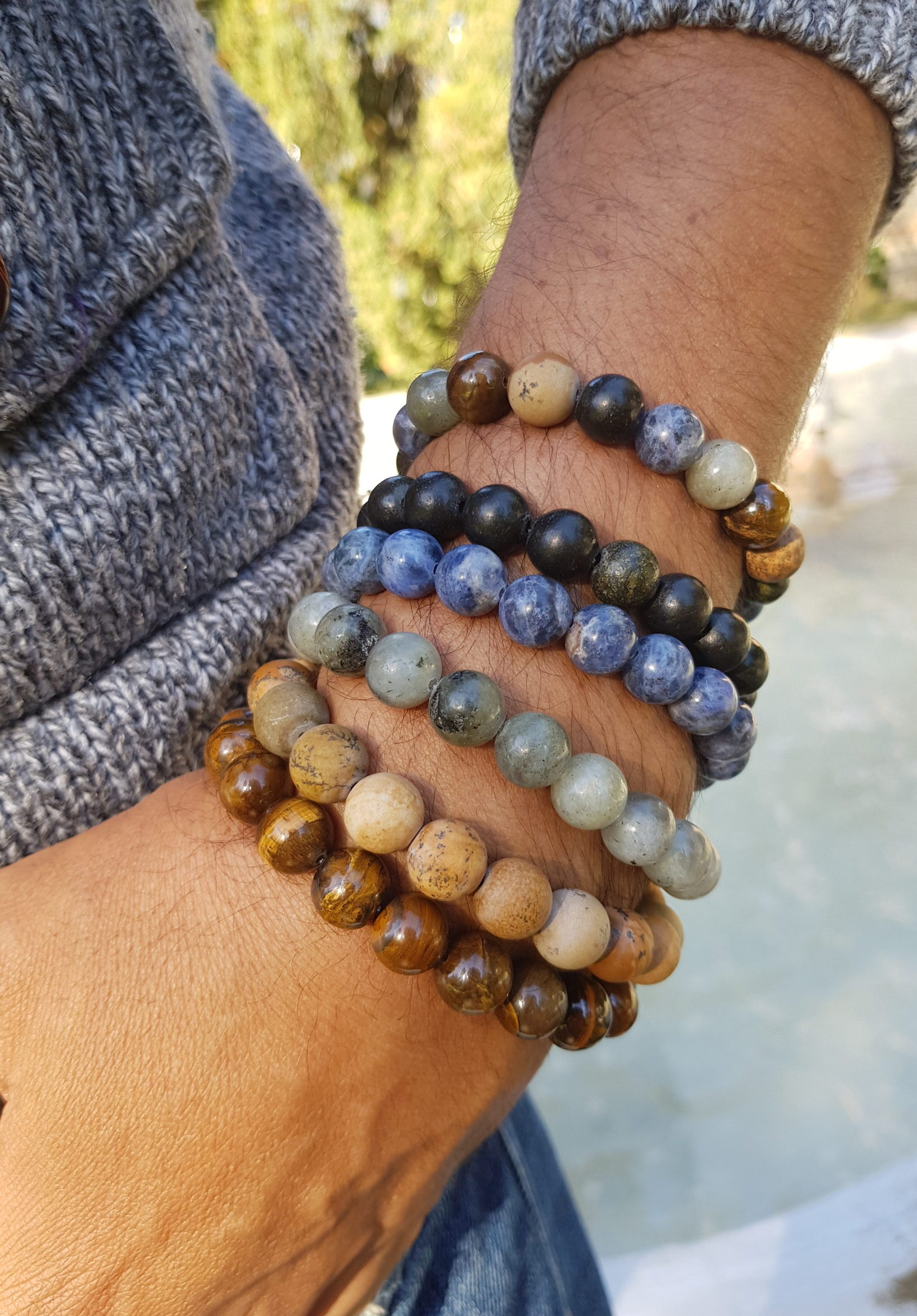 Bracelet homme pierres naturelles - sodalite, labradorite, serpentine, oeil de tigre, jaspe dalmatien