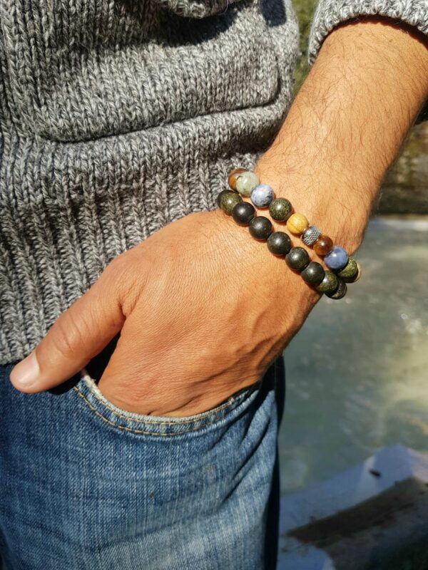 Bracelet homme pierre naturelle - protection sodalite, serpentine, labradorite, jaspe, oeil de tigre Bracelet homme perles naturelles 10 mm - Serpentine