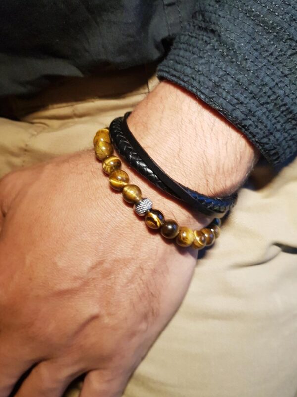Duo de bracelets homme - perles naturelles et cuir noir véritable - Oeil de tigre Duo de bracelets homme - perles naturelles et cuir noir véritable