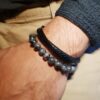Duo de bracelets homme - perles naturelles et cuir noir véritable - Labradorite Duo de bracelets homme - perles naturelles et cuir noir véritable