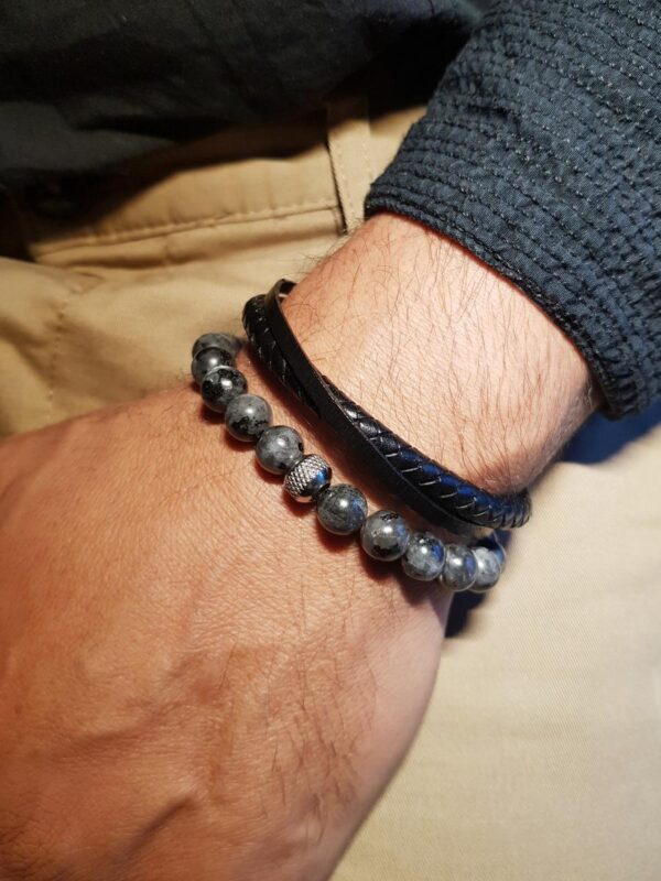 Duo de bracelets homme - perles naturelles et cuir noir véritable - Labradorite Duo de bracelets homme - perles naturelles et cuir noir véritable