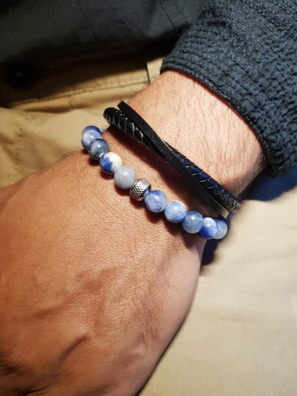 Duo de bracelets homme - perles naturelles et cuir noir véritable - Labradorite Duo de bracelets homme - perles naturelles et cuir noir véritable