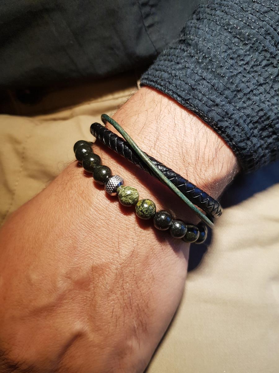 Duo de bracelets homme - perles naturelles et cuir noir véritable - Serpentine Duo de bracelets homme - perles naturelles et cuir noir véritable