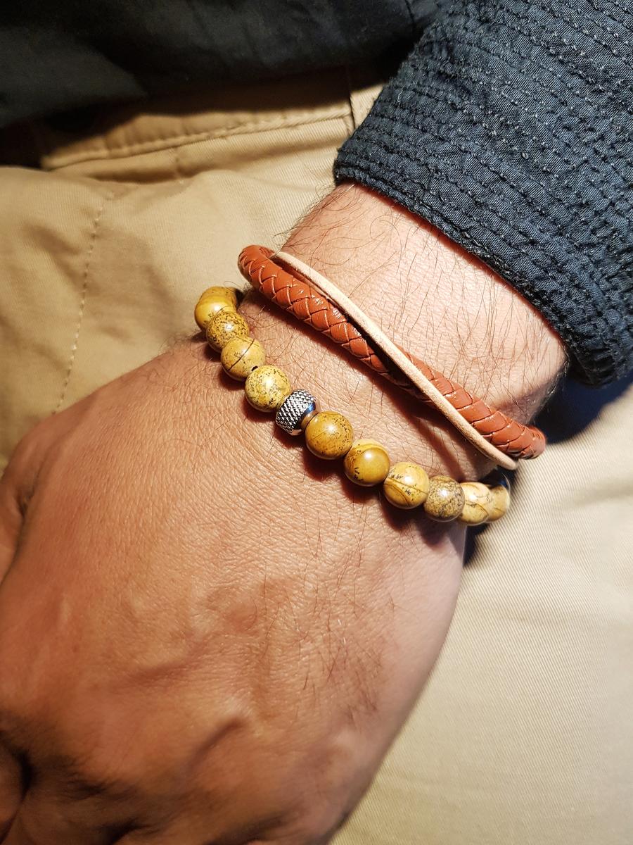 Duo de bracelets homme - perles naturelles et cuir marron véritable - Jaspe paysage Duo de bracelets homme - perles naturelles et cuir marron véritable