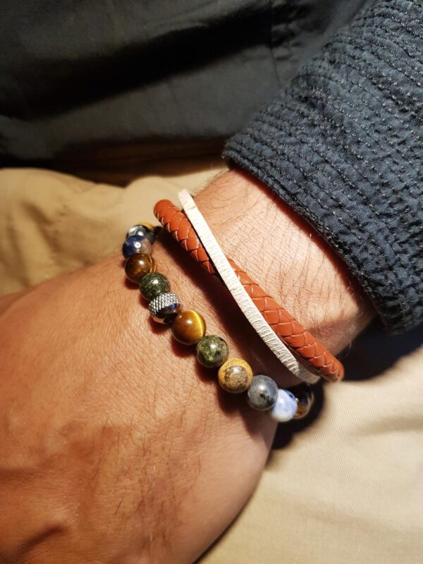 Duo de bracelets homme - perles naturelles et cuir marron véritable
