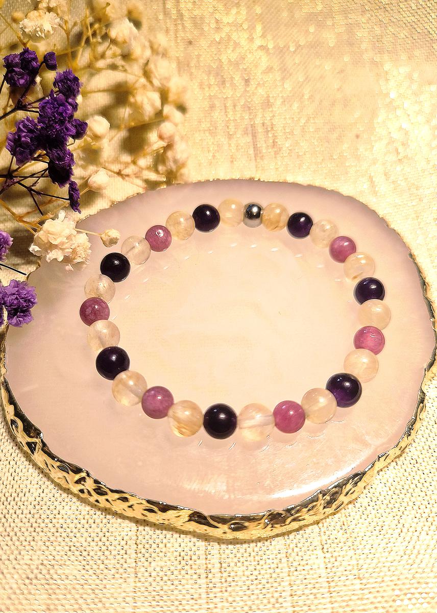 Bracelet perles naturelles 6 mm Trio – Améthyste, Lépidolite & Citrine