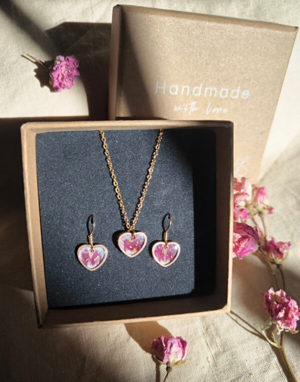 Parure - petits cœurs fleuris doré rose dans boite