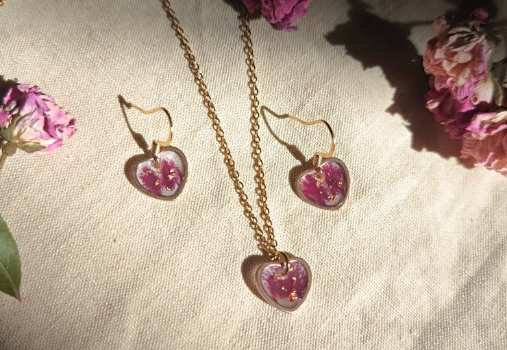 Parure - petits cœurs fleuris doré rose