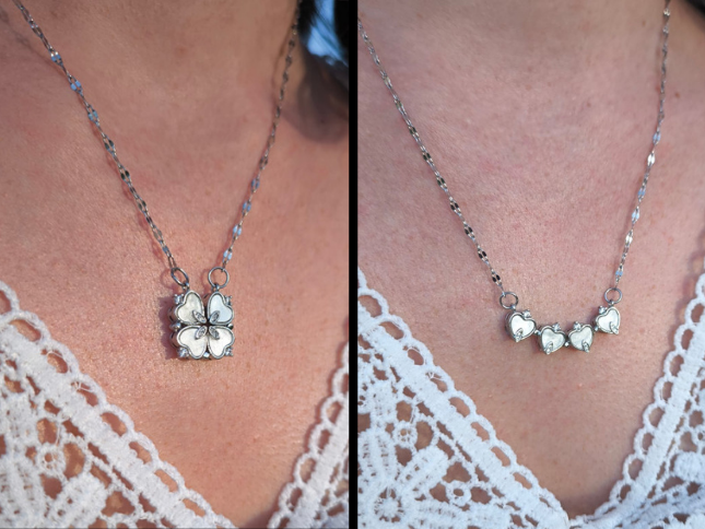 Collier argenté cœurs transformables – Fleur nacrée porté couv