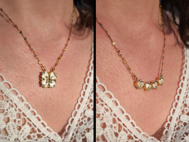 Collier doré cœurs transformables – Fleur nacrée porté