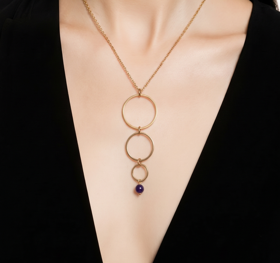 Collier cascade avec 3 anneaux en acier inoxydable doré et une pierre naturelle au choix