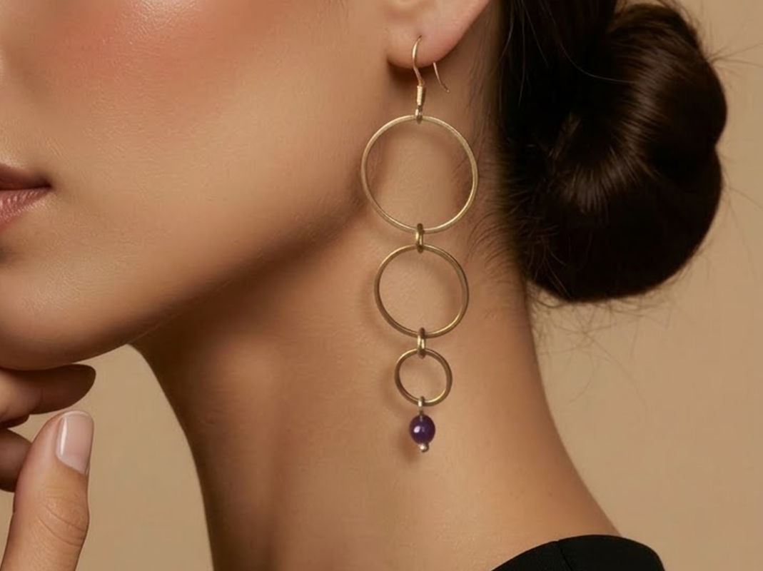 Boucles d'oreilles cascade avec 3 anneaux en acier inoxydable doré et leur pierre naturelle au choix
