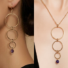 Boucles d'oreilles et collier cascade avec 3 anneaux en acier inoxydable doré et leur pierre naturelle au choix