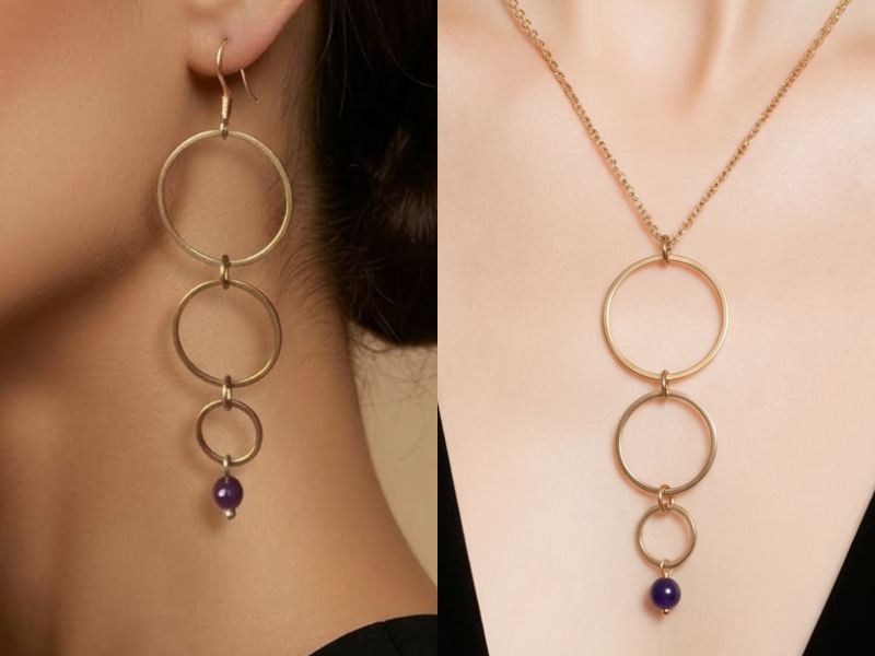 Boucles d'oreilles et collier cascade avec 3 anneaux en acier inoxydable doré et leur pierre naturelle au choix