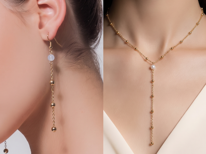 Parure composée de boucles d'oreilles et collier avec une pierre naturelle jade blanc et chaine à billes en acier inoxydable doré