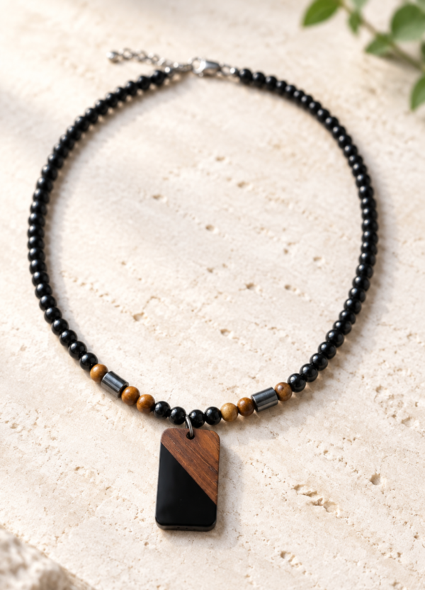 Collier homme en pierres naturelles d'Onyx, Jaspe paysage & Hématite avec médaillon en bois