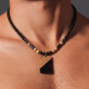 Collier homme en pierres naturelles d'Onyx, Jaspe paysage & Hématite avec médaillon en bois
