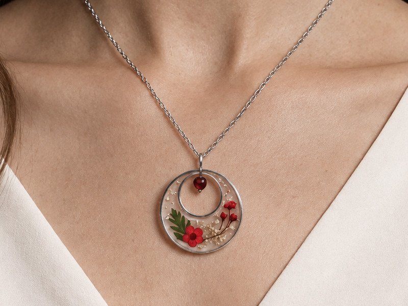 22981 Collier fleurs séchées - Spirée et Agate rouge - Porté Collier en acier inoxydable argenté avec fleurs séchées de Spirée et pierre naturelle d'Agate rouge