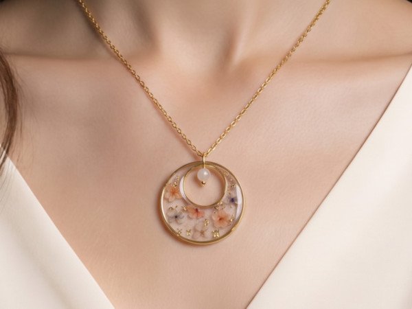 Collier en acier inoxydable doré avec mini fleurs séchées corail et mauve et pierre naturelle de jade blanc