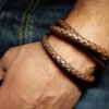 Duo de bracelets homme en cuir rond noir et marron (au choix)