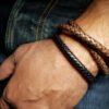 Duo de bracelets homme en cuir rond noir et marron (au choix)