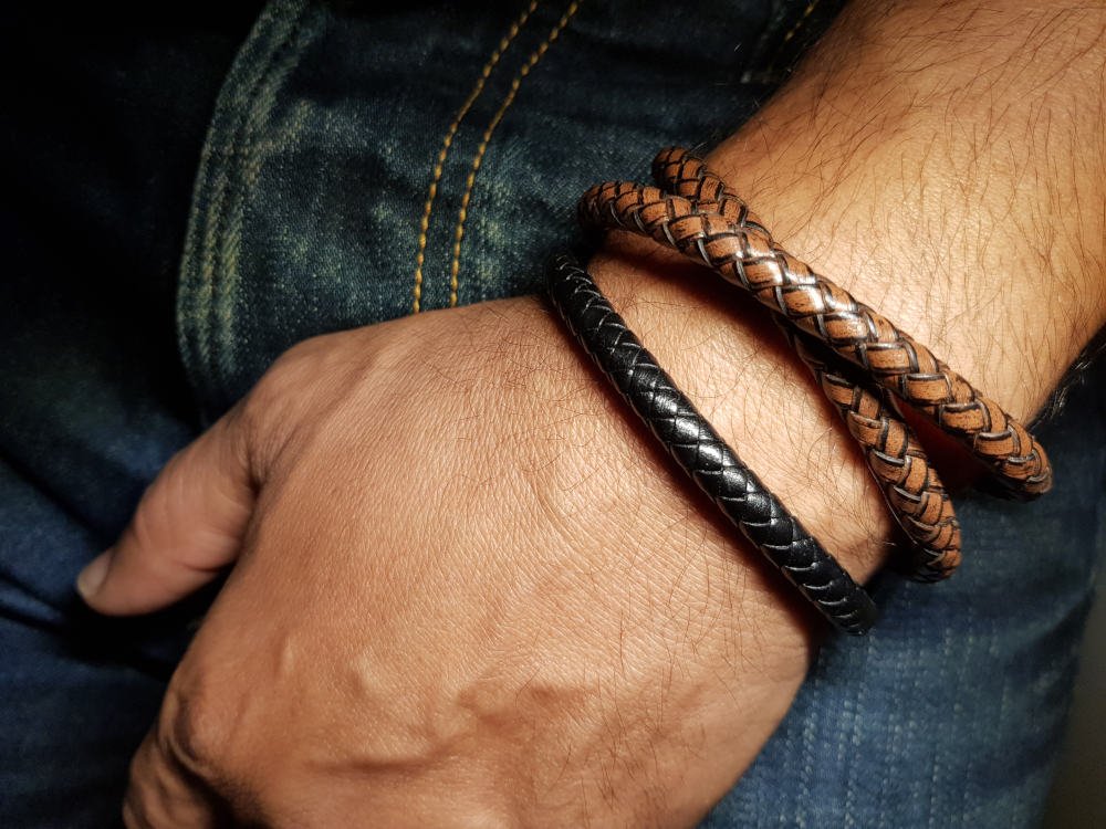 Duo de bracelets homme en cuir rond noir et marron (au choix)