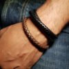 Duo de bracelets homme en cuir rond noir et marron (au choix)