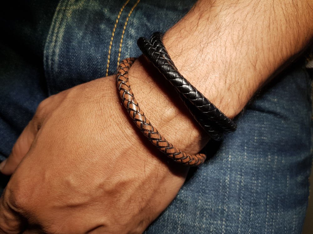 Duo de bracelets homme en cuir rond noir et marron (au choix)